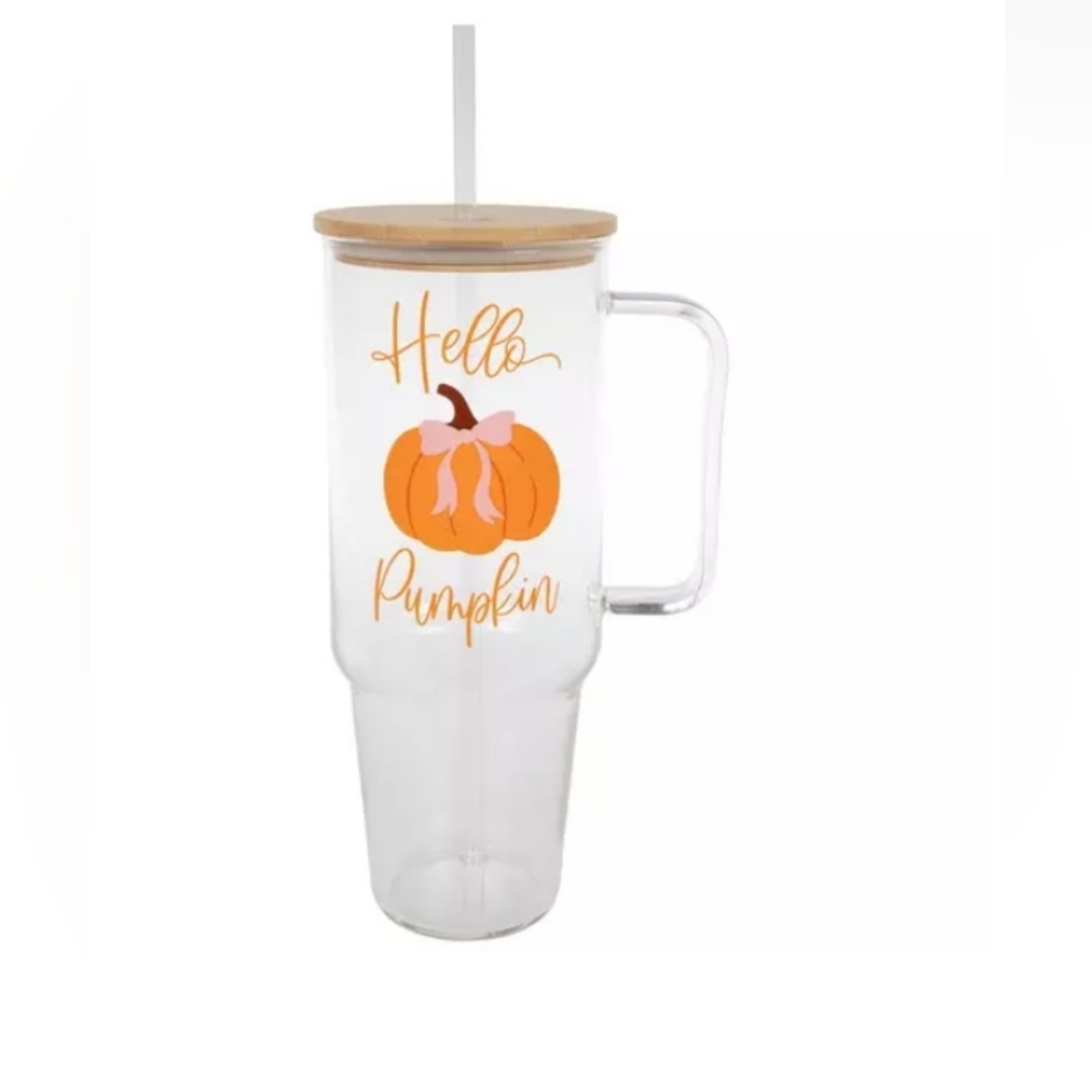 Hello Pumpkin Glass Tumbler with Bamboo Lid 40 Oz